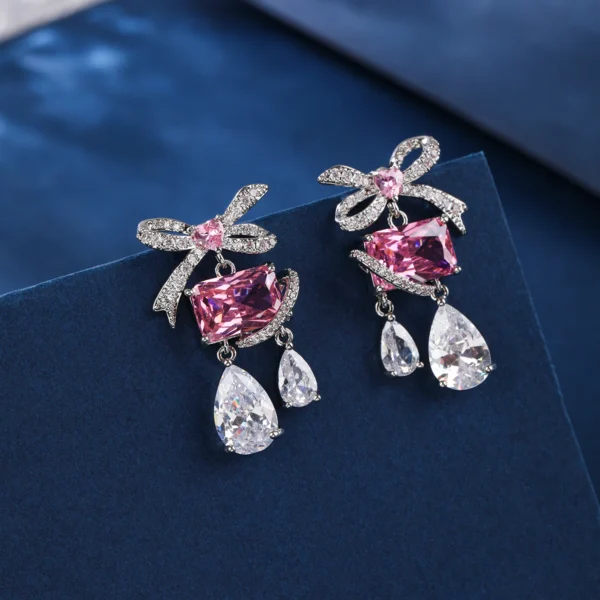 Cute Romantic Pink Cubic Zirconia Crystal Women Party Bow knot Earrings Trendy Silver Plated Engagement Jewelry CE12076