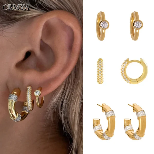 crmya gold plated hoop earrings for women classic cubic zirconia piercing women's big hoop earrings set 2022 jewelry wholesale